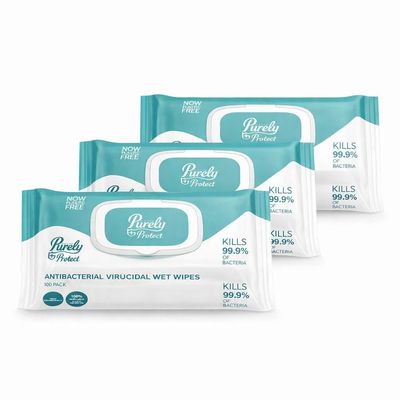 Purely Protect Antibacterial & Virucidal Wet Wipes | Biodegradable, PlasticFree, EcoFriendly Cleaning Wipes | For Home, Office, Workplace & Industrial Use (3 Packs of 100)