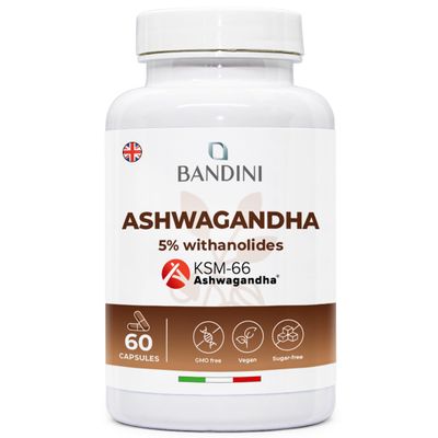 Bandini Ashwagandha KSM-66 Vegan (60 Capsules) - Withania Somnifera, 5% witanolides - Pure KSM Premium Quality - Natural Supplement from Indian Ginseng Powder - Ayurvedic Remedy for Stress & Sleep
