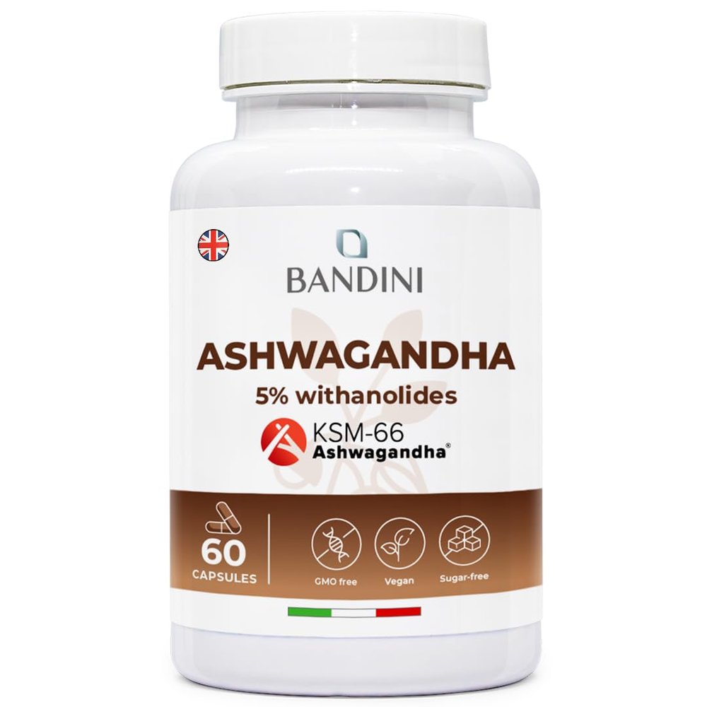 Bandini Ashwagandha KSM-66 Vegan (60 Capsules) - Withania Somnifera, 5% witanolides - Pure KSM Premium Quality - Natural Supplement from Indian Ginseng Powder - Ayurvedic Remedy for Stress & Sleep