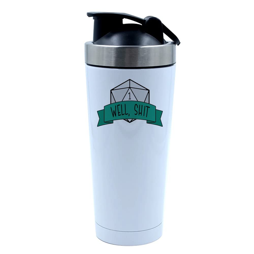 500ml Aluminium Shaker Bottle for Supplement Shakes - Easy Clean, Durable Cup Well Shit DnD theme RPG Gamer, Birthday, Christmas. (White)
