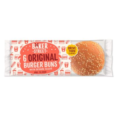 Baker Street 6 Original Burger Buns with Sesame Seeds Pre-Sliced x Case of 8 | Soft Classic Burger Rolls | Long-Life Bakery Buns for BBQs, Parties & Catering | 48 Sesame Burger Buns Total