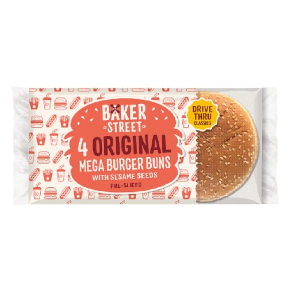 Baker Street 4 Original Mega Burger Buns with Sesame Seeds Pre-Sliced x Case of 7 | Soft Long-Life Burger Rolls | Classic Sesame Buns for Burgers, BBQs & Catering | Bakery Fresh Taste