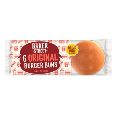 Baker Street 6 Original Burger Buns x Case of 8 | Soft Classic Burger Rolls | Pre-Sliced Long Life Buns | Perfect for BBQs, Parties, & Catering | Bakery Fresh Taste, 48 Buns Total