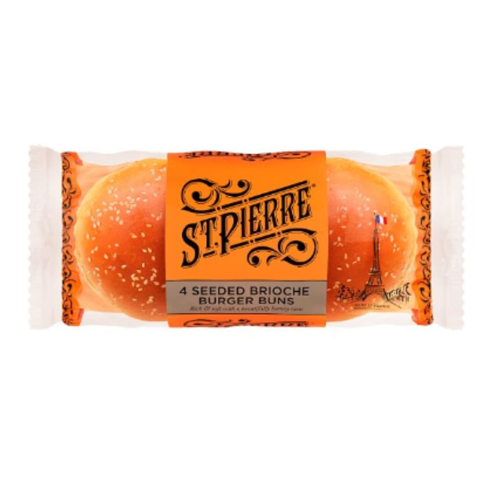 St Pierre 4 Seeded Brioche Burger Buns x Case of 9 | Soft & Buttery Gourmet Buns | Sesame Topped | Perfect for Burgers, BBQs & Catering
