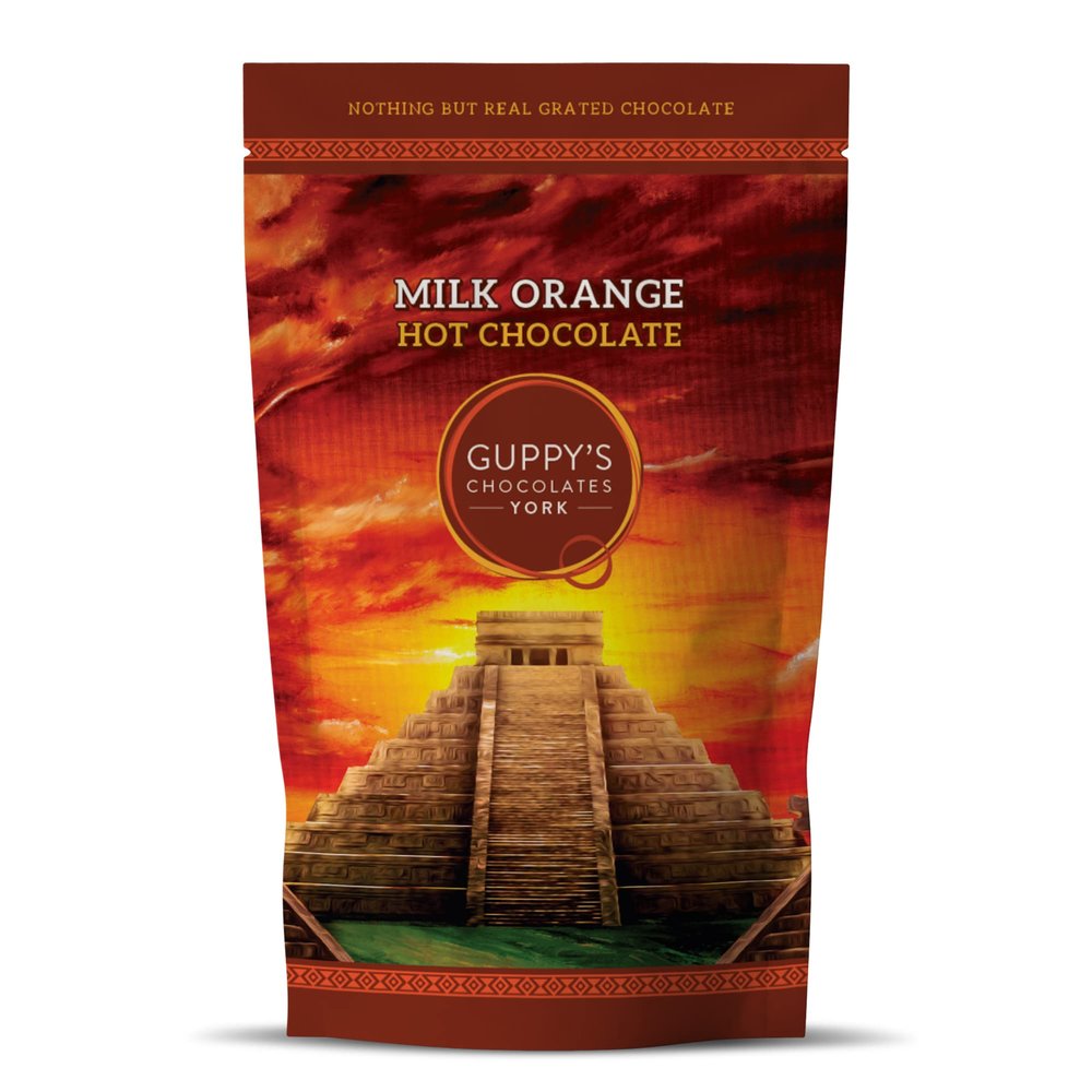 Guppy's Chocolates York | Hot Chocolate Flakes | Luxury Milk Orange Hot Chocolate | Real Grated Drinking Chocolate | 245 Grams Resealable Pouch Equal To 7 Sachets (Orange)
