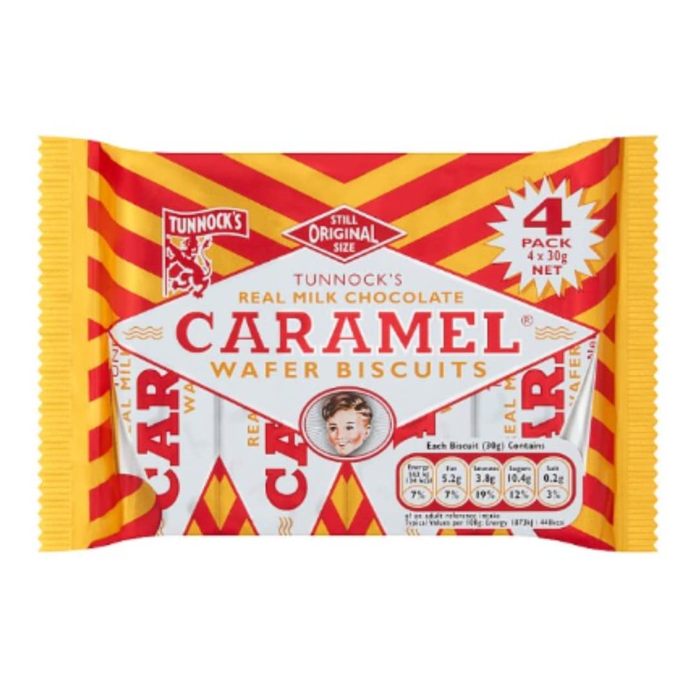 Tunnock's Real Milk Chocolate Caramel Wafer Biscuits 4 x 30g x Case of 20
