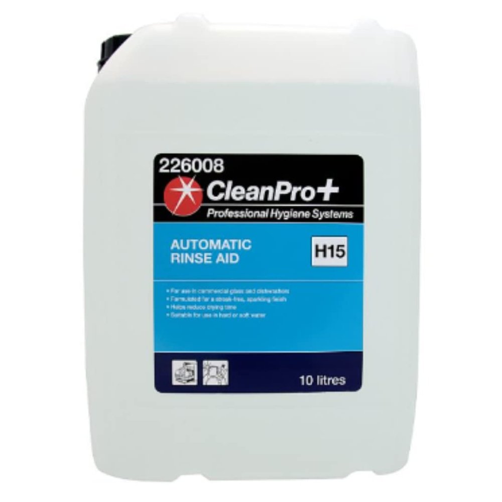 CleanPro+ H15 Professional Automatic Rinse Aid, Commercial Grade Streak-Free Dishwasher Drying Agent, 10 Litre Bottle (Case of 1)