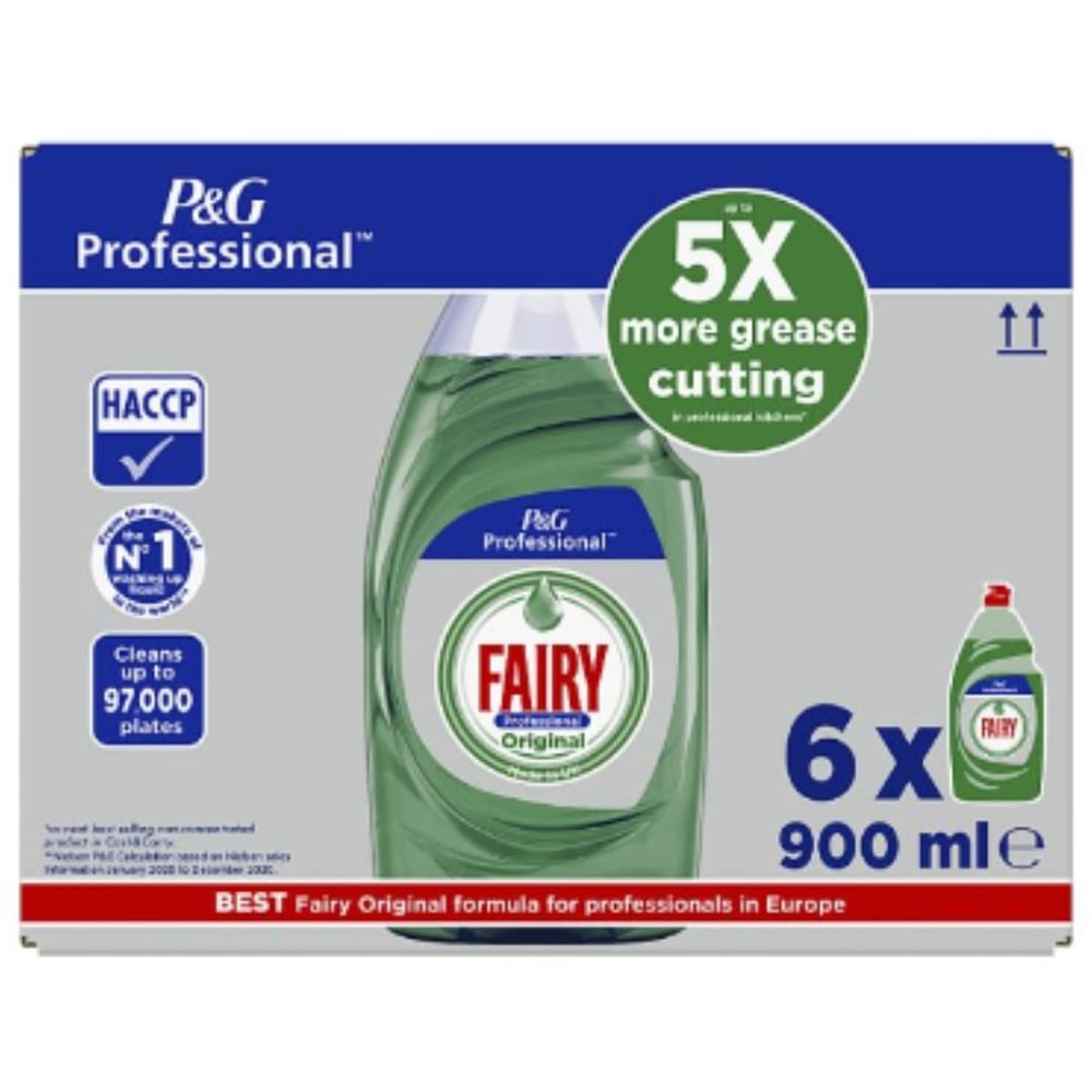 Fairy Professional Concentrated Washing Up Liquid Original 6900ml | Bulk Catering Pack | Tough on Grease | Long-Lasting Commercial Dishwashing Liquid | 6 Bottles x 900ml
