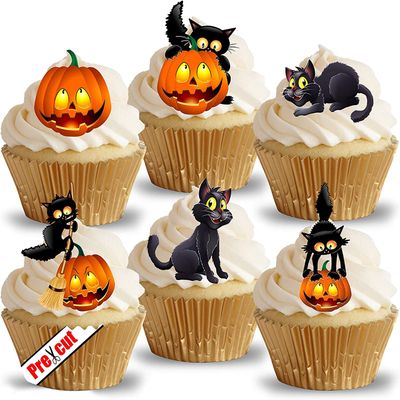 Anglesit 24 x Pre-Cut Cat & Pumpkin Edible Rice/Wafer Paper Cupcake Cake Toppers Halloween Party Birthday Decorations