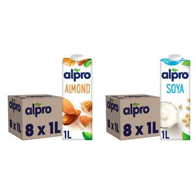 Alpro Almond Plant-Based Long Life Drink, Vegan & Dairy Free, 1L (Pack of 8) & Soya Plant-Based Long Life Drink, Vegan & Dairy Free, 1L (Pack of 8)