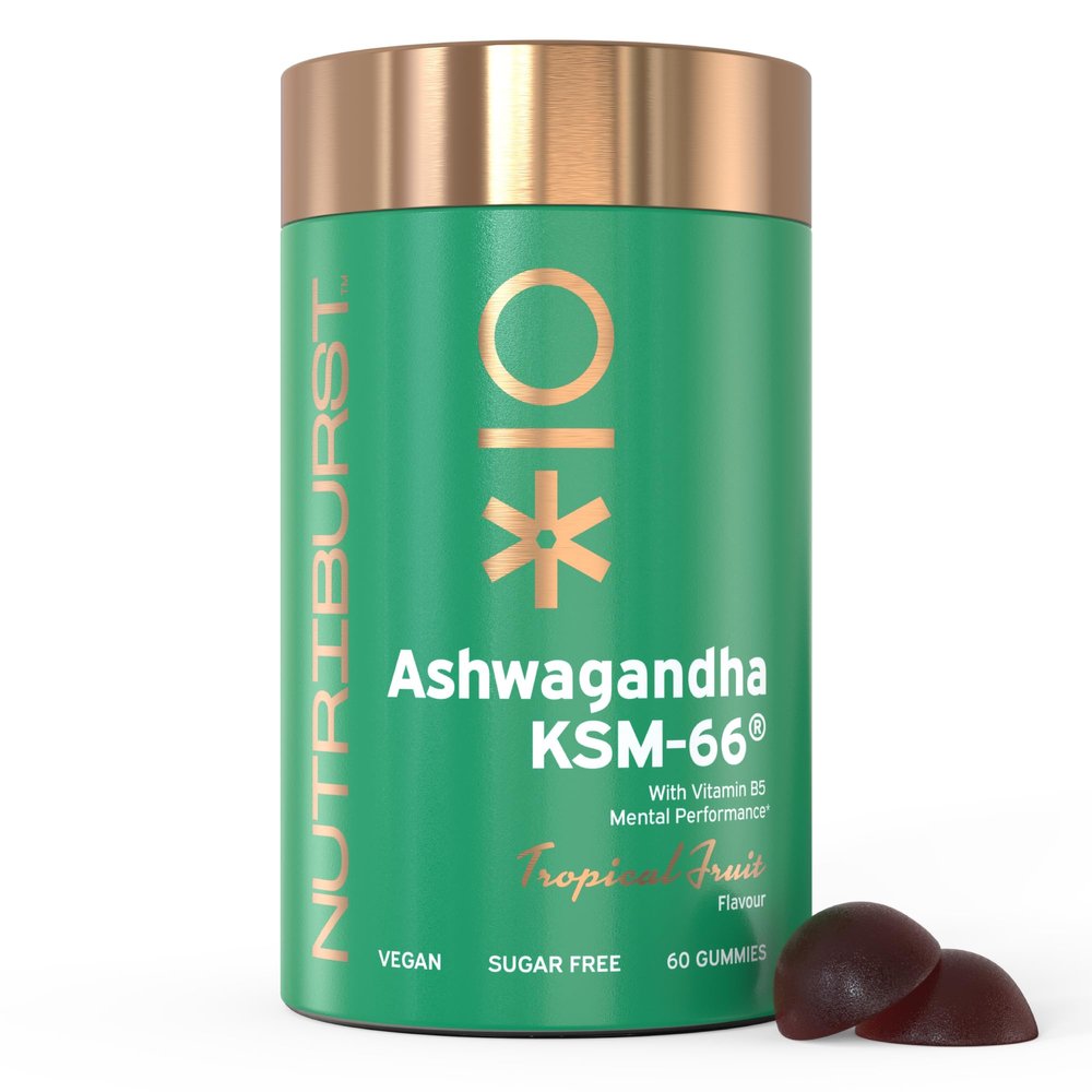 Nutriburst 300mg Ashwagandha + Vitamin B5 & Iodine - Herbal Adaptogen Reduce Tiredness & Fatigue, Supports Mental Performance - Vegan, Sugar Free Supplement - 60 Gummies - 1 Month Supply