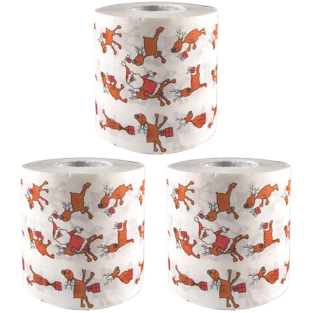 Zerodeko 3pcs Printed Toilet Paper Funny Elk Christmas Theme Novelty Tissue Roll Paper for Bathroom Decor
