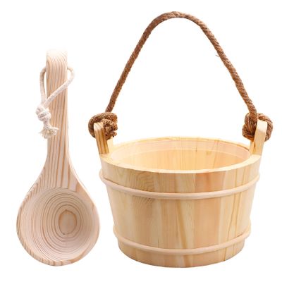 KAKUNM Sauna Bucket and Ladle - 5 Liter (1.3 Gallon) Finnish Pine Wooden Spa Accessories with Plastic Liner and Rope Handle