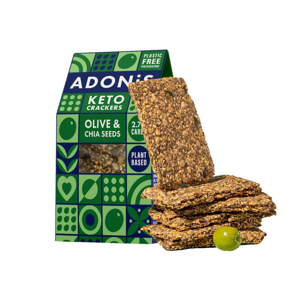 ADONIS Keto Crackers  Mediterranean Style (10 x 60g) | Vegan & Keto-Friendly | 100% Natural Keto Snacks | Sugar Free, Palm Oil Free (Olive & Chia Seeds)