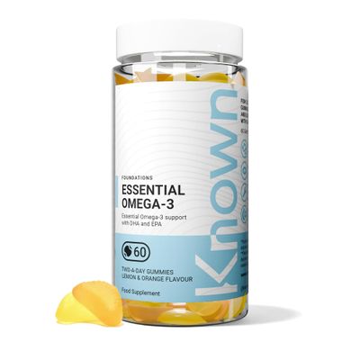 Known Essential Omega 3 Gummies  Lemon & Orange Flavour  Tasty Gummy Alternative to Soft-Gels  120mg Omega 3 with DHA & EPA  Supports Heart Health & Wellbeing  1 Month Supply  for Men & Women