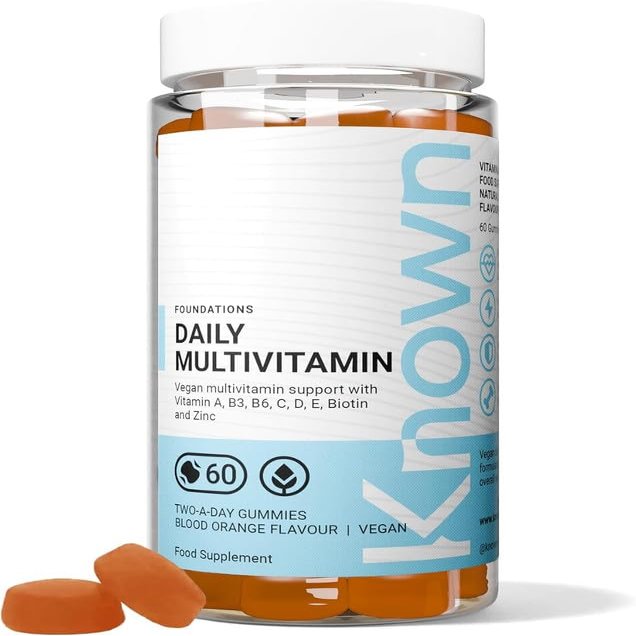 Known Daily Multivitamin Gummies  Blood Orange Flavour  Vegan Gummy Supplement  Vitamin A, C, D, E, B6, Biotin, Zinc, Iodine  Immune Health, Energy, Wellbeing  1 Month Supply  for Men & Women