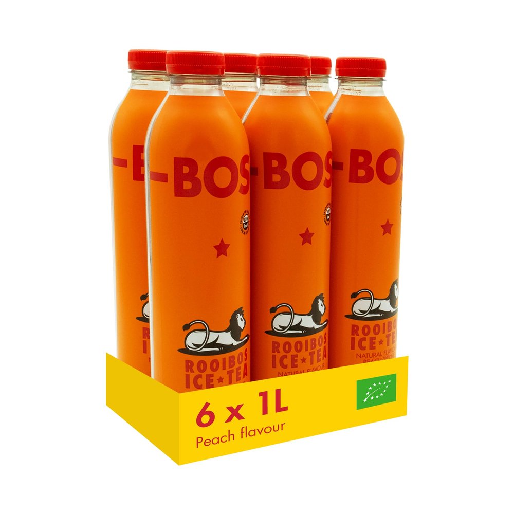 BOS Organic Peach Flavoured Caffeine Free Rooibos Ice Tea, Fruity & Smooth Tea Drink, 1L (Pack of 6)