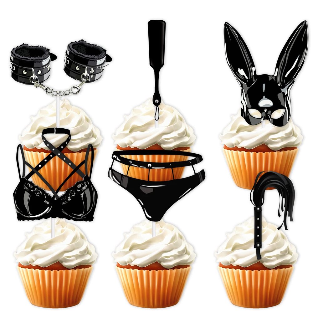 18pcs Black Glitter Dessert Cupcake Topper for Makeup Night Out Hen Movie Party Theme Decor Supplies Girl Woman Lady Birthday Bachelorette Bridal Shower Party Decoration