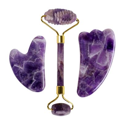 Natural Amethyst Jade Roller Gouache Scraper for Face Gua Sha Massage Tool Set SPA Scraping Stone Facial Lift Up,Type 1
