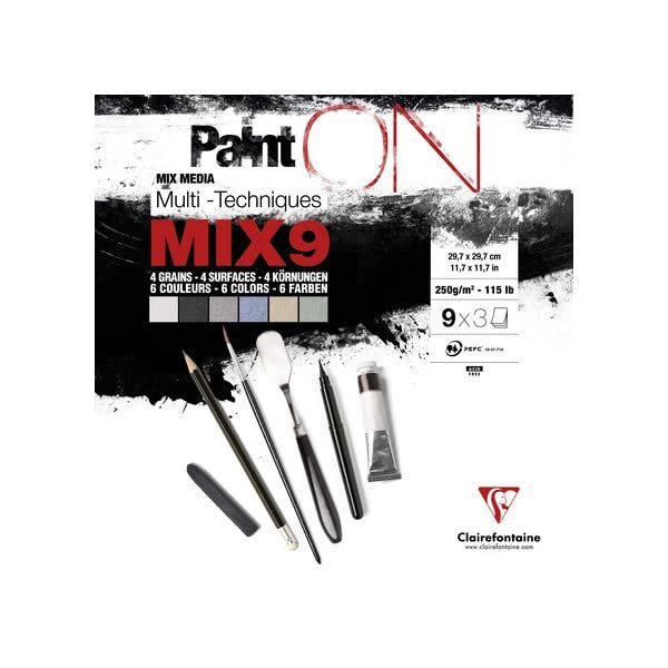 Clairefontaine 960077C - PaintON MIX9 Multi-Technique Glued Pad - 27 Sheets of Multi-Technique Drawing Paper - Assorted 9 Papers x3 Sheets - 29.7x29.7 cm 250g