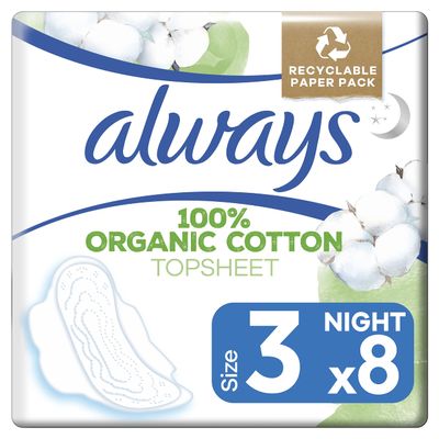 Always Cotton Protection Ultra Night Sanitary Towels with Wings 8 Pads, 100% Organic Cotton Topsheet