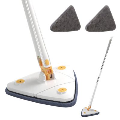 Microfibre Triangle Cleaning Mop, Foldable Automatic Water Squeezing Mop Cleans Kitchen, Wall, Bathroom Floor, Ceiling, Sofa, Corners, Bed Bottom, Extendable Handle 130cm (White+2PCS Mop Cloth)