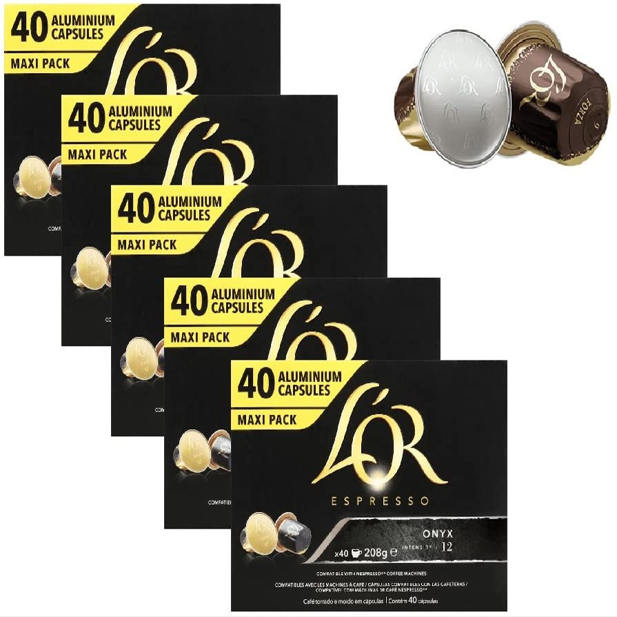 L'Or Espresso Coffee Onyx Intensity 12 - Nespresso* Compatible Aluminium Coffee Capsules - 5 Packs of 40 Capsules (200 Drinks)