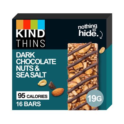 KIND Thins, Gluten Free Snack Bars,Dark Chocolate Nuts and Sea Salt High Fibre, Healthy Snack, 95 calories, No Artificial Colours, Flavours or Preservatives, Multipack 16 x 19g