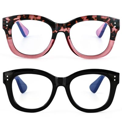 EYEGUARD 2 Pack Oversized Reading Glasses for Women, Retro Blue Light Blocking Readers with Spring Hinges, black/red +2.00 diopter