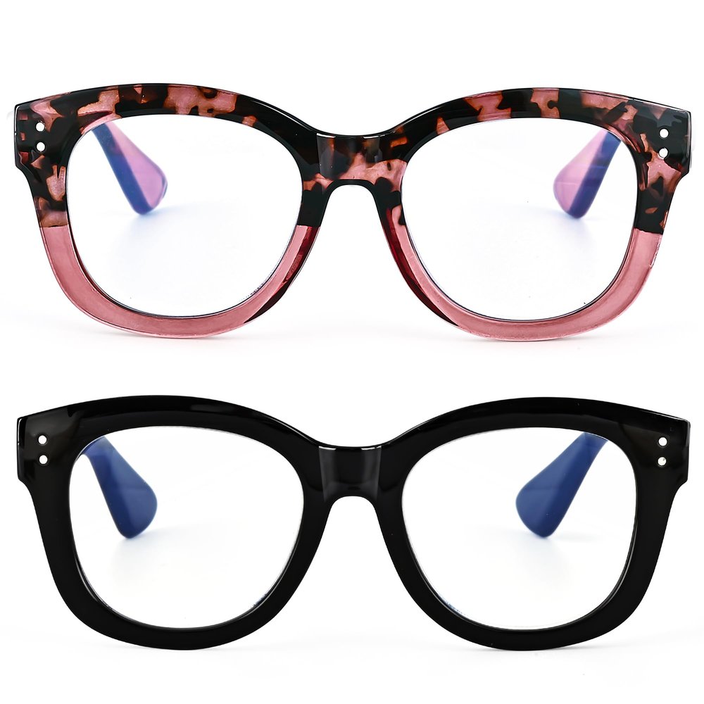 EYEGUARD 2 Pack Oversized Reading Glasses for Women, Retro Blue Light Blocking Readers with Spring Hinges, black/red +2.00 diopter