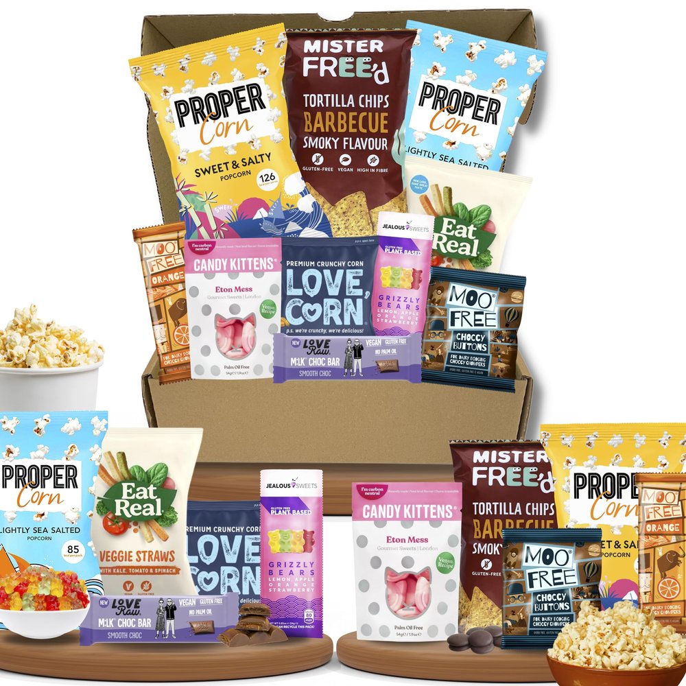 Vegan & Gluten Free Movie Snacks Hamper - Premium Movie Night Snack Box - Christmas Movie Night Snack Box - Ultimate Healthy Treat Pack 10 Snacks
