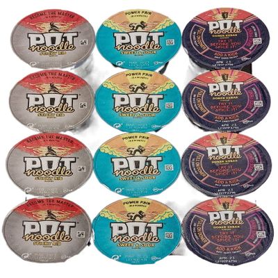 Pot Noodles Friday Nite Selection Pack 3 Varieties 4 of each Flavour. 12 Great, Quick Snacks for On The Go meals. Sticky Rib, Sweet & Sour, NEW Doner Kebab