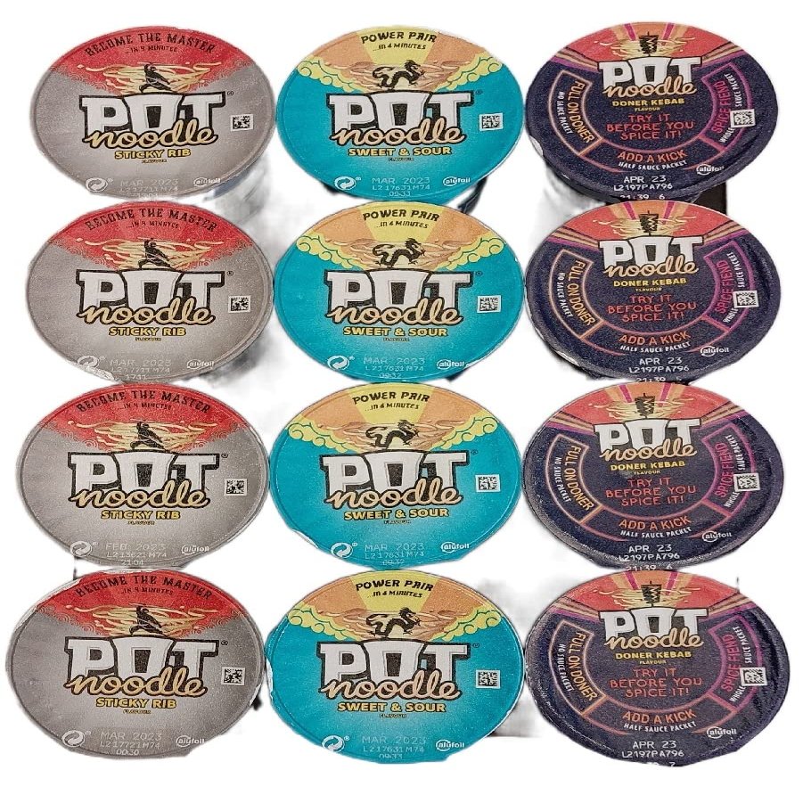 Pot Noodles Friday Nite Selection Pack 3 Varieties 4 of each Flavour. 12 Great, Quick Snacks for On The Go meals. Sticky Rib, Sweet & Sour, NEW Doner Kebab