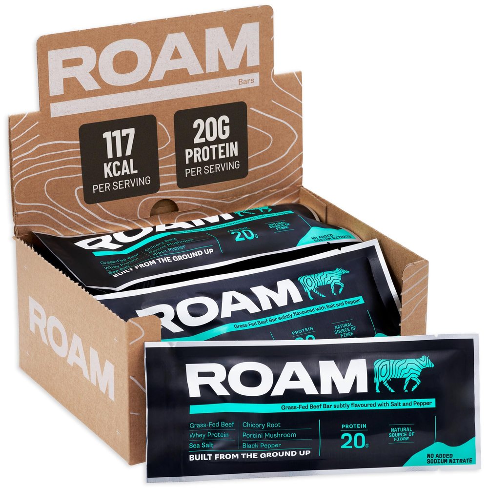 ROAM Natural Protein Bars, Meal Replacement Keto Bars, 12 x 45g Beef Bar & Healthy Snacks, Gluten Free Keto Food, High Protein Snacks (Salt, Pepper & Porcini Mushroom)