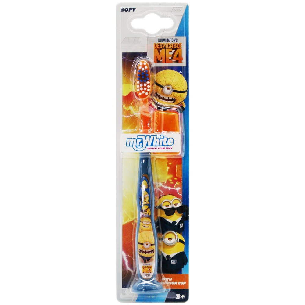 Minions Little Teeth Toothbrush for Kids with Protection Cap, Soft Rounded Bristles, Comfortable Handle Grip and Suction Cup for Upright Storage for Children Ages 3+