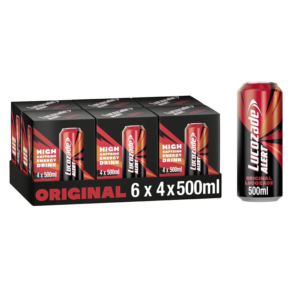 Lucozade Energy Alert Original 6x4x500ml- can ; High Caffeine Energy Drink ; Naturally-sourced caffeine ;Great Taste; Contains vitamin B3 to help reduce tiredness ;Fully recyclable