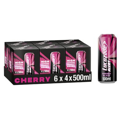Lucozade Energy | Lucozade Alert Cherry 6x4x500ml- can ; High Caffeine Energy Drink ; Naturally-sourced caffeine ;Great Taste; Contains vitamin B3 to help reduce tiredness ;Fully recyclable