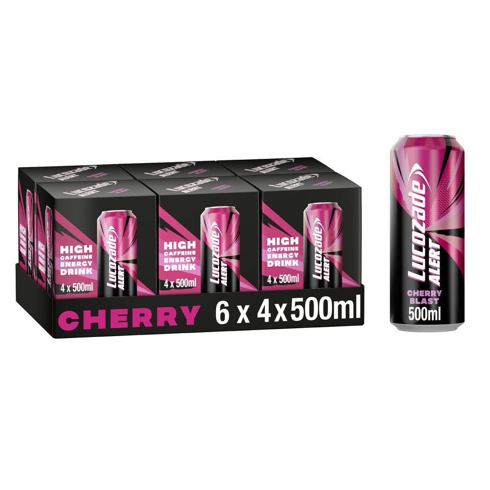 Lucozade Energy | Lucozade Alert Cherry 6x4x500ml- can ; High Caffeine Energy Drink ; Naturally-sourced caffeine ;Great Taste; Contains vitamin B3 to help reduce tiredness ;Fully recyclable