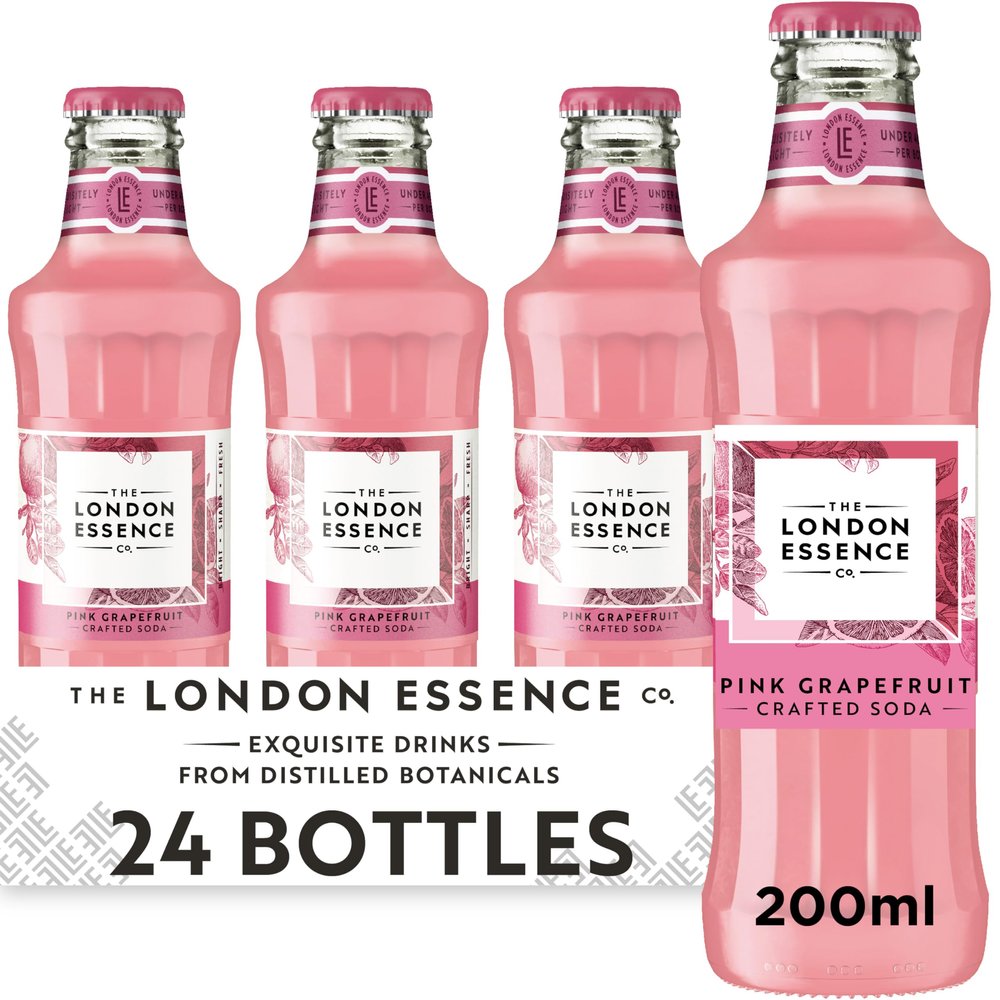 The London Essence Co. Pink Grapefruit Soda, Premium Cocktail Mixer, 200ml, Pack of 24 bottles, No Artificial Colours Preservatives or flavours, Low Calorie