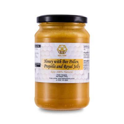 Raw Honey with Bee Pollen, Propolis & Royal Jelly Immune Support Superblend 100% Natural, Unfiltered No preservatives 450g Glass Jar