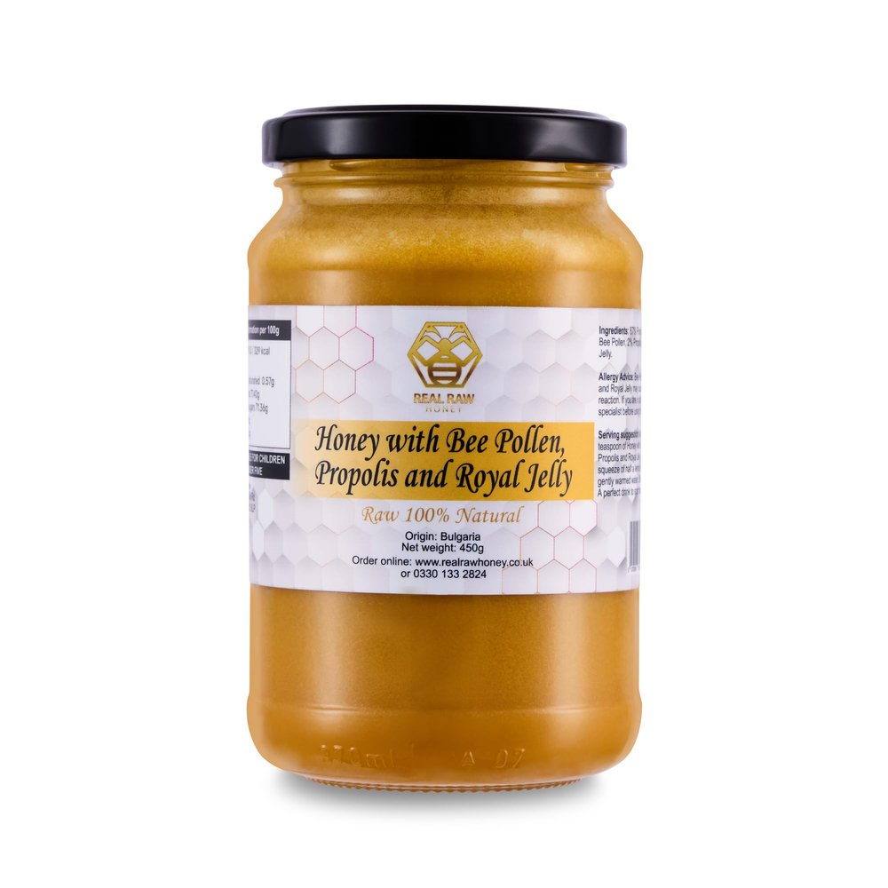 Raw Honey with Bee Pollen, Propolis & Royal Jelly  Immune Support Superblend  100% Natural, Unfiltered  No preservatives  450g Glass Jar