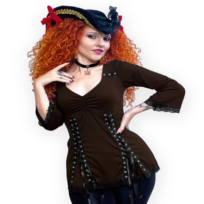 Dare to Wear Corsair Pirate Costume: Fancy Velour Hat, Jolly Roger Choker & Victorian Gothic Women's Dare Corset Top, Electra Top, Walnut, S