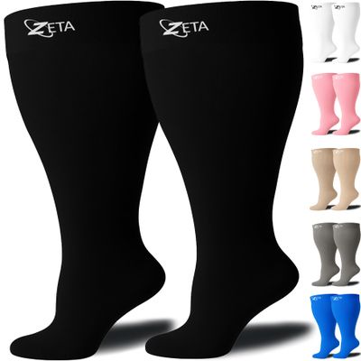 Zeta Wear Plus Size Support Socks - Wide Calf Compression, Great for Travel & Flights, Men & Women Love Its Amazing Fit, Cotton-Rich Comfort & Soothing Relief, 1 Pair, Medium, Black