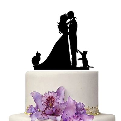 YAMI COCU YAMI COCU Wedding Cake Topper, Black Color Acrylic Silhouette Couple Cats Bride and Groom Kiss Wedding Party Decorations