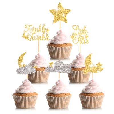 48 Pcs Glitter Little Star Cupcake Toppers Moon Cloud Cupcake Picks Twinkle Twinkle Little Star Baby Shower Decorations for Kids Birthday Wedding Party Cake Supply (Gold, Silver)