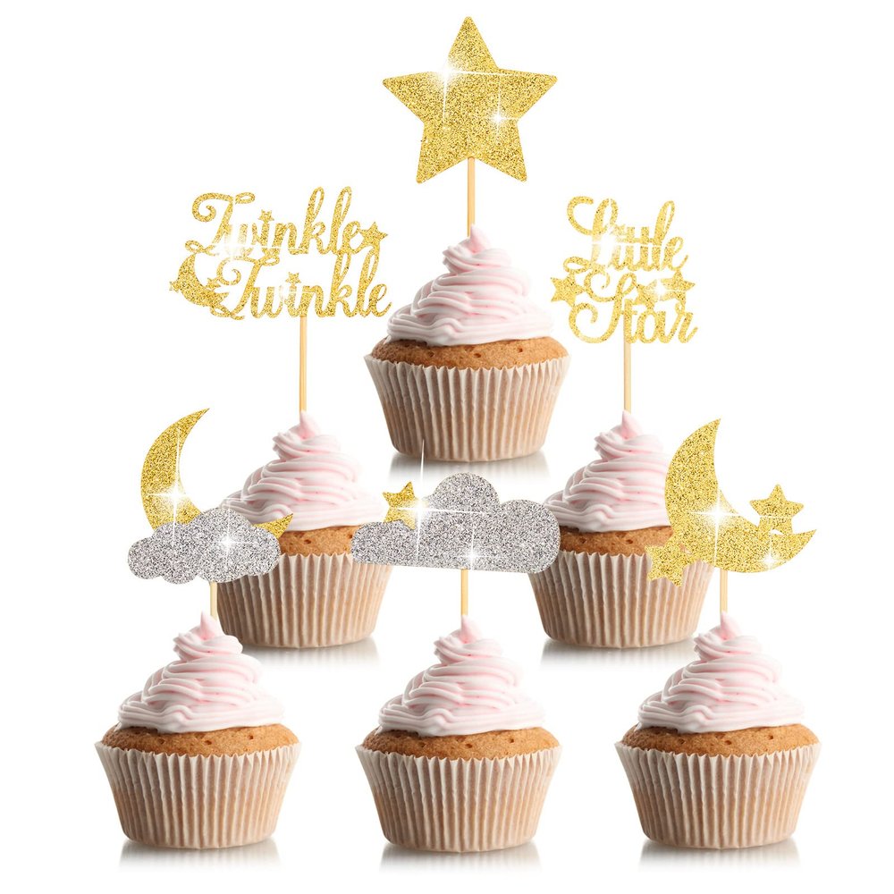 48 Pcs Glitter Little Star Cupcake Toppers Moon Cloud Cupcake Picks Twinkle Twinkle Little Star Baby Shower Decorations for Kids Birthday Wedding Party Cake Supply (Gold, Silver)