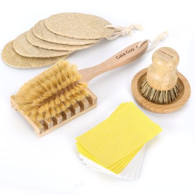 (NO PLASTIC) Washing Up Brushes and Sponges, 2 Wood Brushes + 10 Natural Sponges + 5 Loofahs+ 2 Wood Brush Holders, Plastic Free Kitchen Cleaning Brushes (Zero Waste Kit)