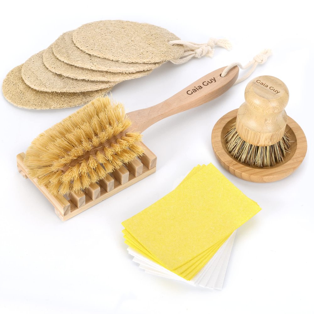 (NO PLASTIC) Washing Up Brushes and Sponges, 2 Wood Brushes + 10 Natural Sponges + 5 Loofahs+ 2 Wood Brush Holders, Plastic Free Kitchen Cleaning Brushes (Zero Waste Kit)