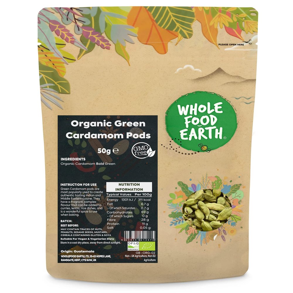 Wholefood Earth Organic Green Cardamom Pods 50 g | GMO Free | Certified Organic