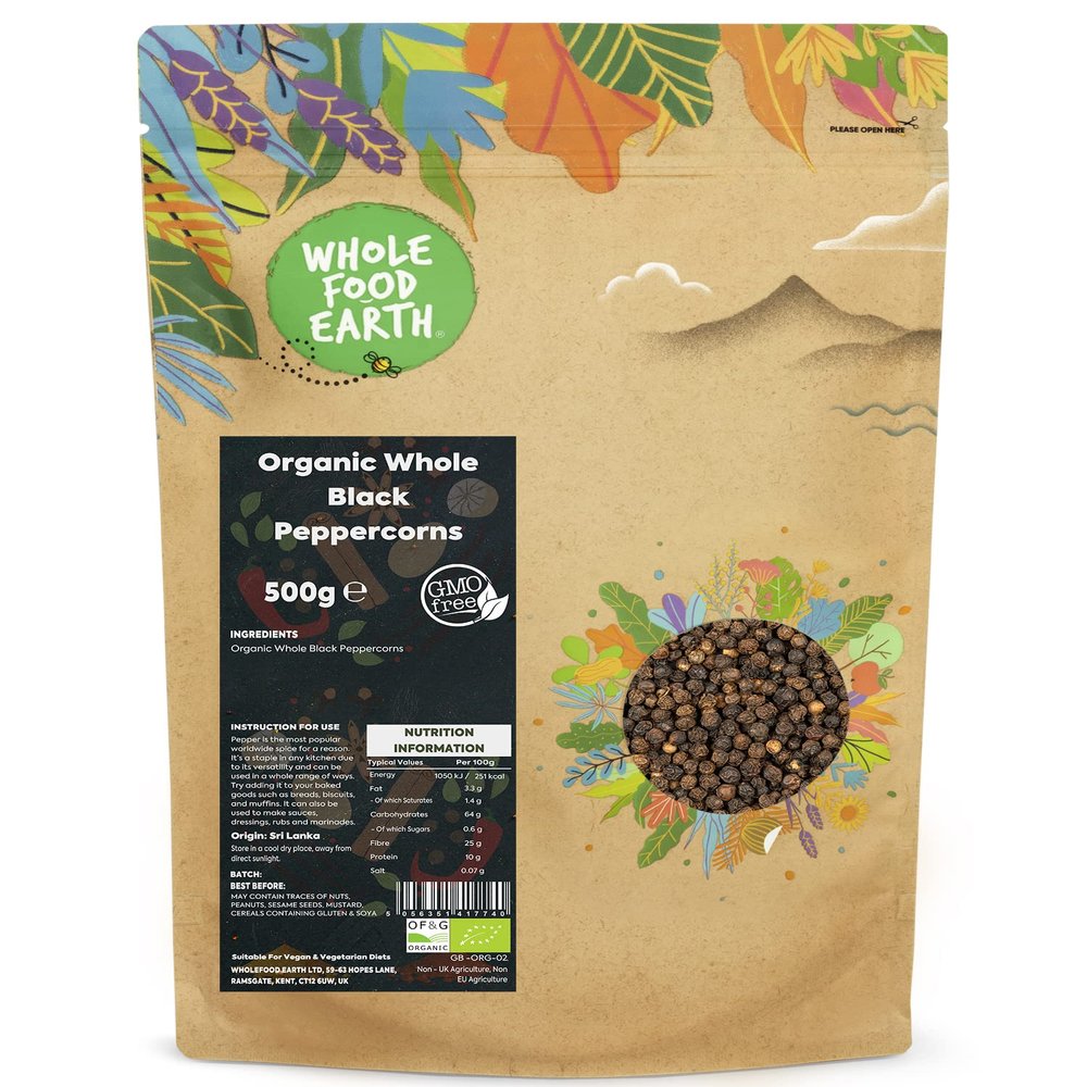Wholefood Earth Organic Whole Black Peppercorns 500 g | GMO Free | Certified Organic